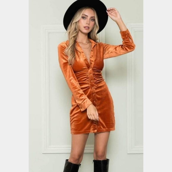 Ruched Long Sleeve Mini Shirt Dress - Picture 1 of 14